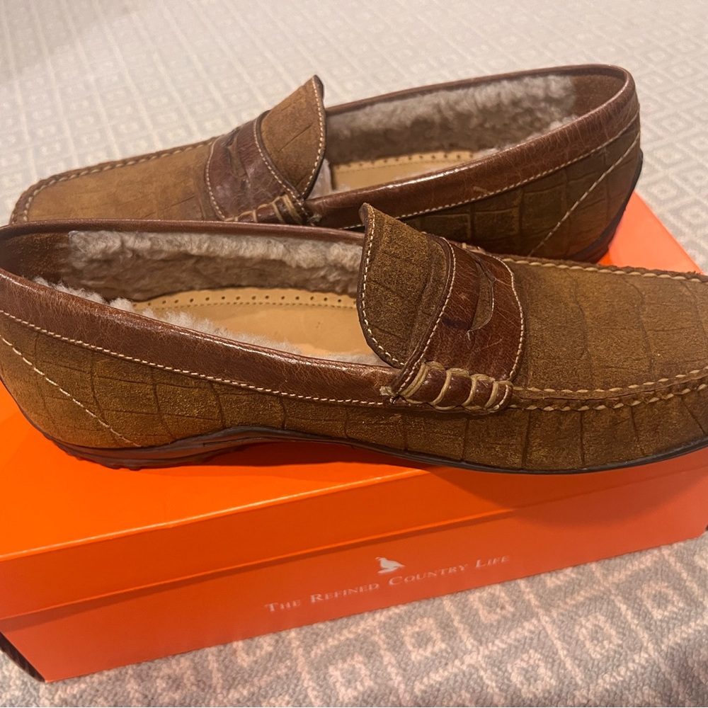 Martin Dingman Crocodile-Embossed Brown Loafers NEW